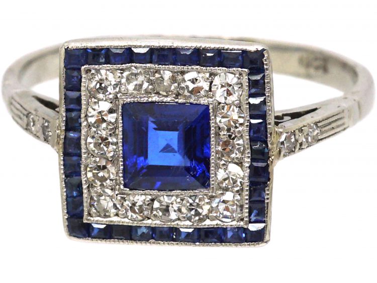 Art Deco 18ct White Gold, Sapphire & Diamond Square Ring