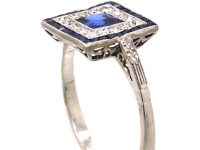 Art Deco 18ct White Gold, Sapphire & Diamond Square Ring