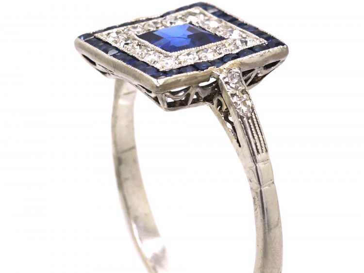Art Deco 18ct White Gold, Sapphire & Diamond Square Ring