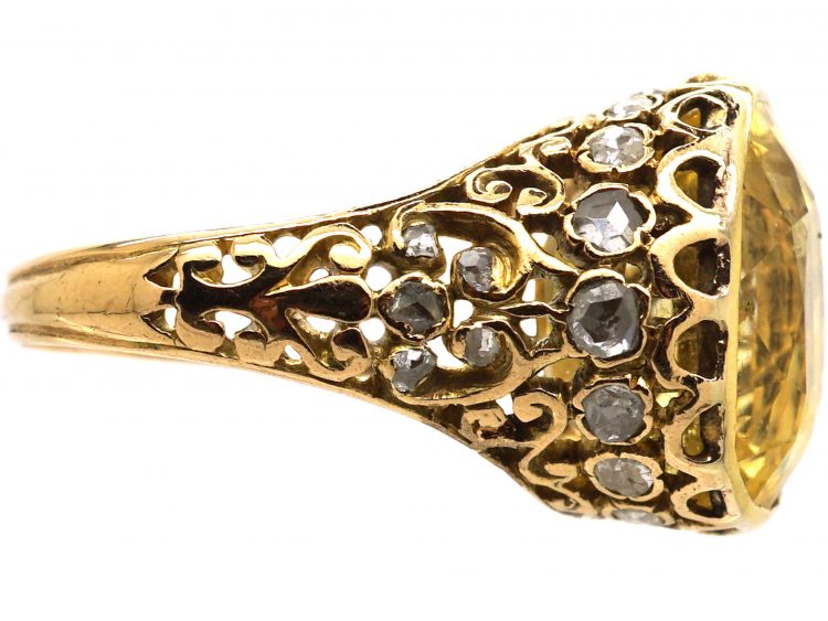 French Early 20th Century 18ct Gold, Large Yellow Sapphire & Rose Diamond Ring