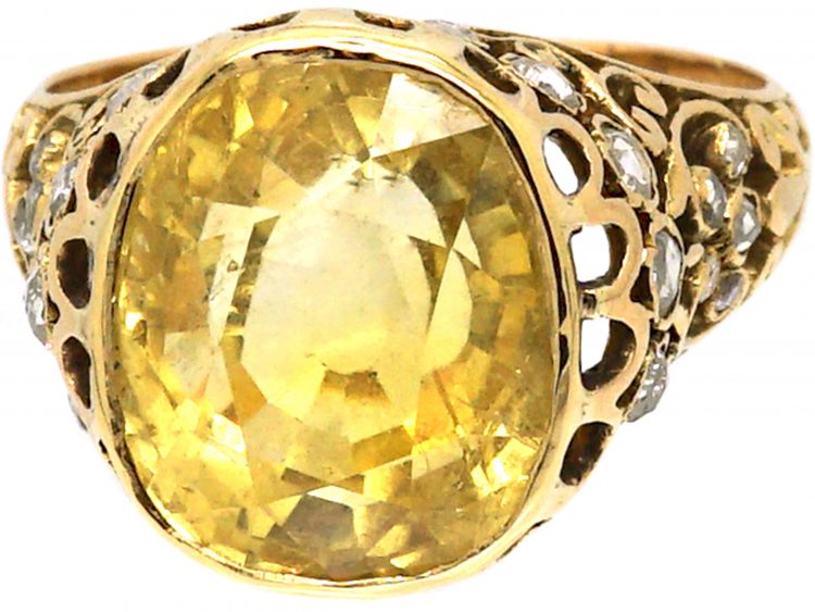 French Early 20th Century 18ct Gold, Large Yellow Sapphire & Rose Diamond Ring