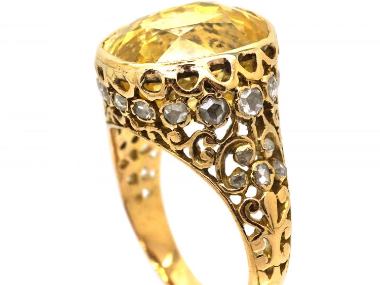 French Early 20th Century 18ct Gold, Large Yellow Sapphire & Rose Diamond Ring