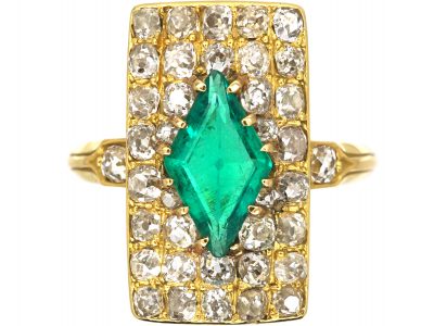 Edwardian 18ct Gold Rectangular Ring set with a Diamond Shaped Emerald & Old Mine Cut Diamonds