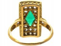 Edwardian 18ct Gold Rectangular Ring set with a Diamond Shaped Emerald & Old Mine Cut Diamonds