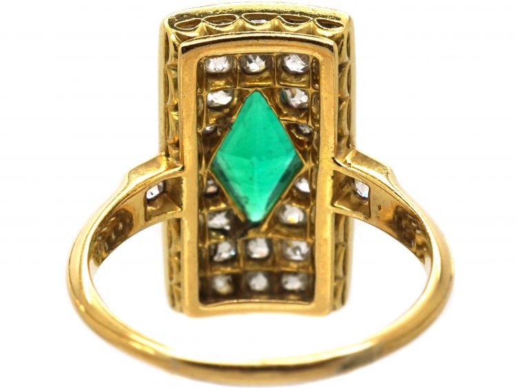 Edwardian 18ct Gold Rectangular Ring set with a Diamond Shaped Emerald & Old Mine Cut Diamonds