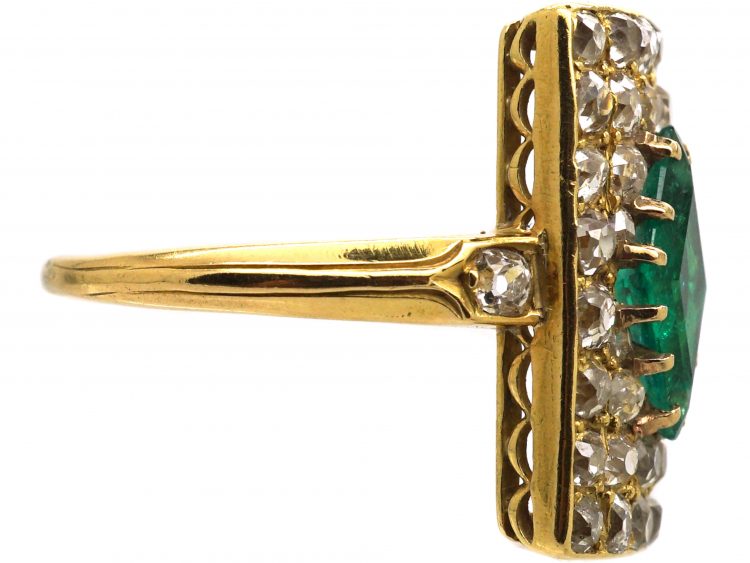 Edwardian 18ct Gold Rectangular Ring set with a Diamond Shaped Emerald & Old Mine Cut Diamonds