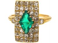 Edwardian 18ct Gold Rectangular Ring set with a Diamond Shaped Emerald & Old Mine Cut Diamonds