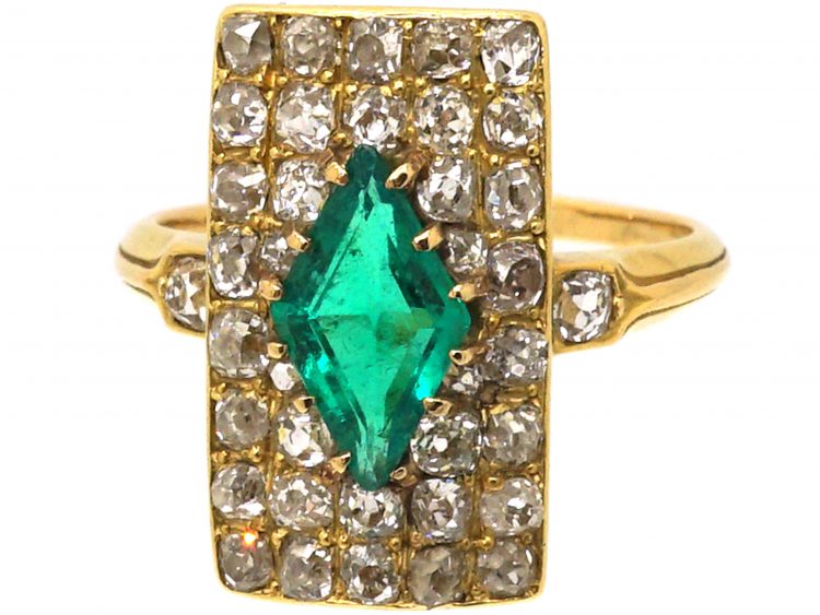 Edwardian 18ct Gold Rectangular Ring set with a Diamond Shaped Emerald & Old Mine Cut Diamonds