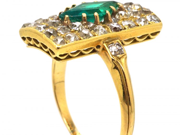 Edwardian 18ct Gold Rectangular Ring set with a Diamond Shaped Emerald & Old Mine Cut Diamonds
