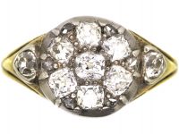 Early 19th Century 18ct Gold & Silver Cluster Ring set with Old Mine Cut Diamonds with Diamond set Heart Shaped Shoulders