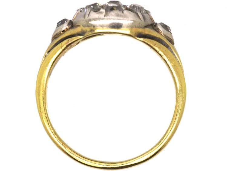 Early 19th Century 18ct Gold & Silver Cluster Ring set with Old Mine Cut Diamonds with Diamond set Heart Shaped Shoulders