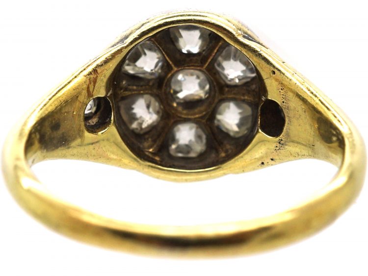 Early 19th Century 18ct Gold & Silver Cluster Ring set with Old Mine Cut Diamonds with Diamond set Heart Shaped Shoulders