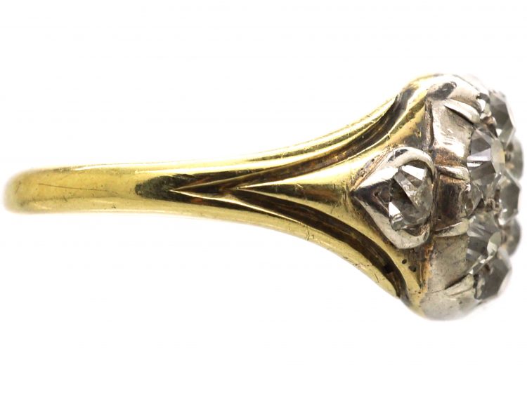 Early 19th Century 18ct Gold & Silver Cluster Ring set with Old Mine Cut Diamonds with Diamond set Heart Shaped Shoulders