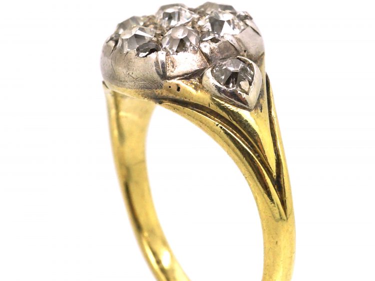 Early 19th Century 18ct Gold & Silver Cluster Ring set with Old Mine Cut Diamonds with Diamond set Heart Shaped Shoulders