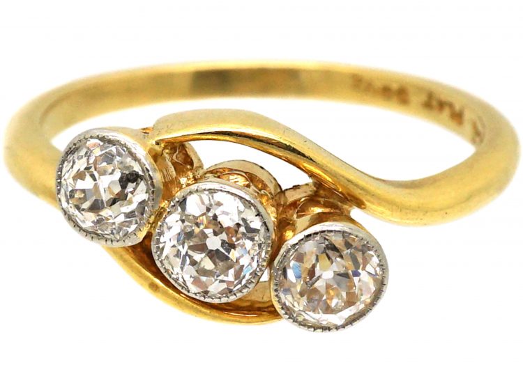 Edwardian 18ct Gold & Platinum, Three Stone Diamond Crossover Ring