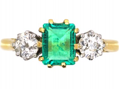 Early 20th Century 18ct Gold & Platinum, Emerald & Diamond Three Stone Ring