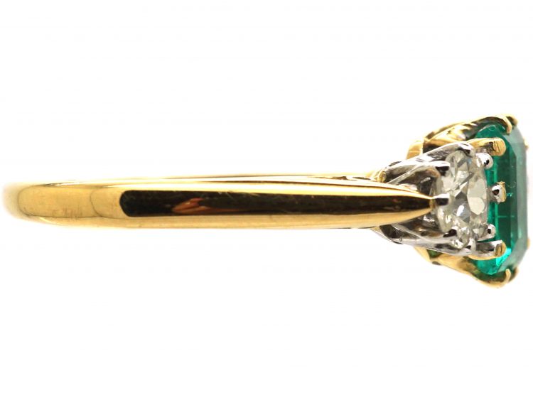 Early 20th Century 18ct Gold & Platinum, Emerald & Diamond Three Stone Ring