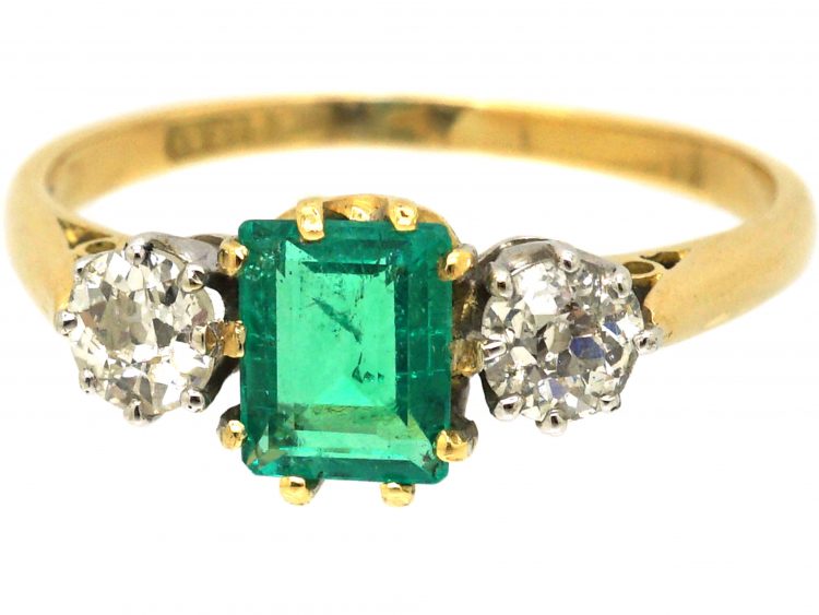Early 20th Century 18ct Gold & Platinum, Emerald & Diamond Three Stone Ring
