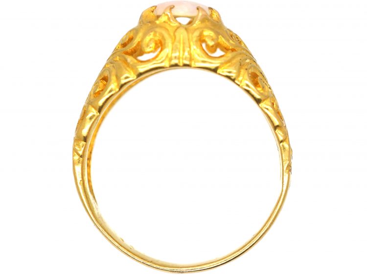 Art Nouveau 18ct Gold, Ornate Pierced Ring set with an Opal
