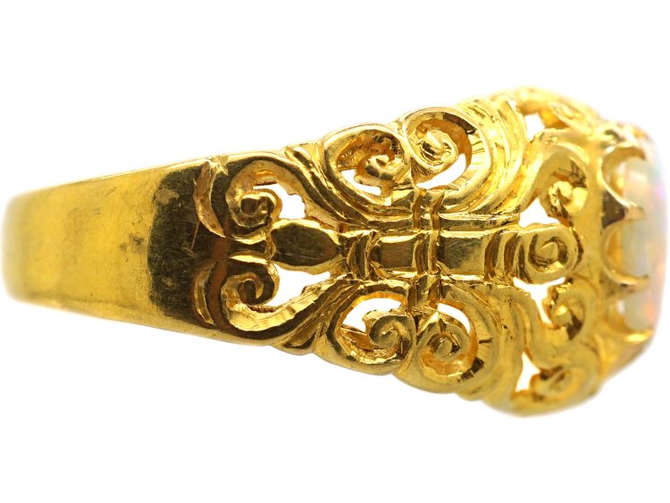 Art Nouveau 18ct Gold, Ornate Pierced Ring set with an Opal