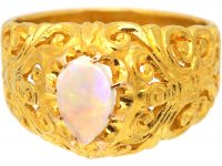 Art Nouveau 18ct Gold, Ornate Pierced Ring set with an Opal