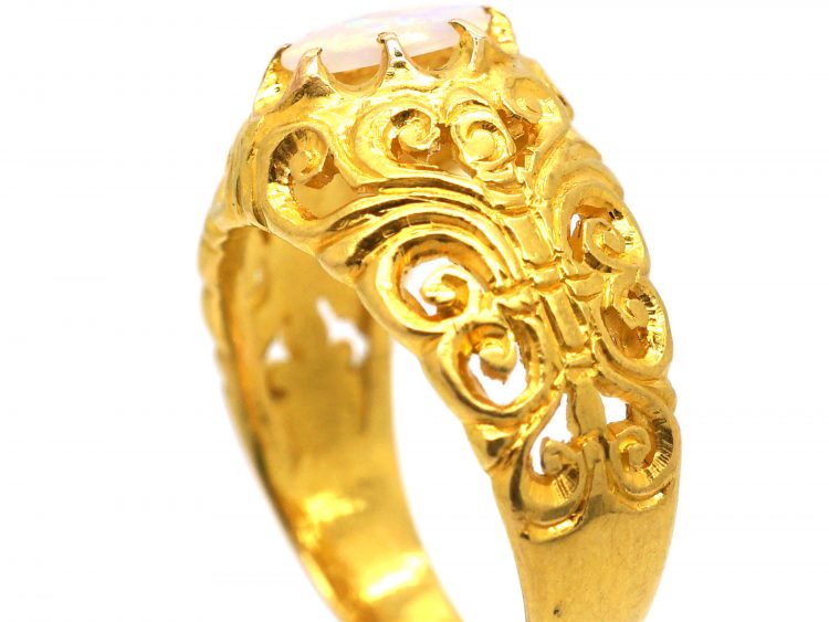 Art Nouveau 18ct Gold, Ornate Pierced Ring set with an Opal