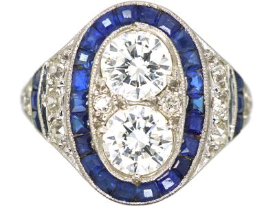 Art Deco Platinum & 18ct White Gold, Sapphire & Diamond Oval Cluster Ring
