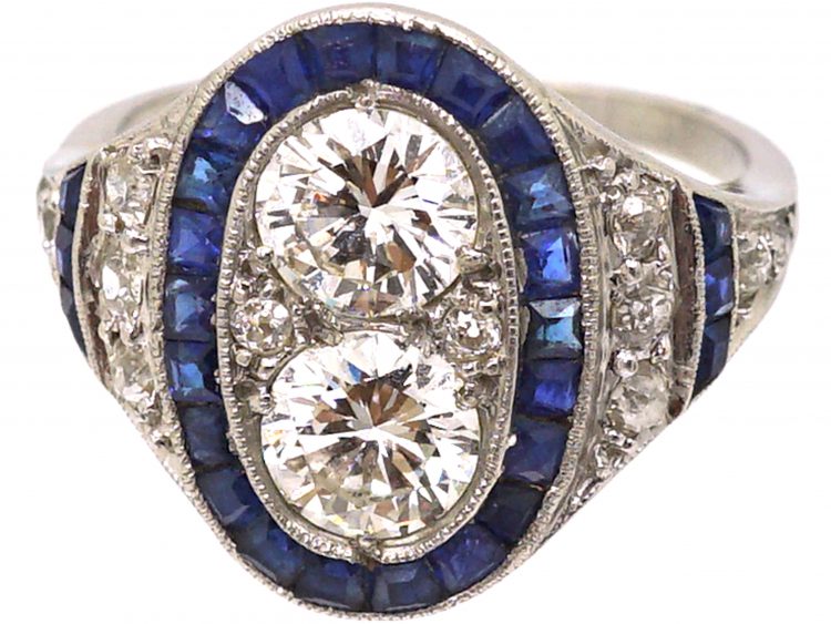 Art Deco Platinum & 18ct White Gold, Sapphire & Diamond Oval Cluster Ring
