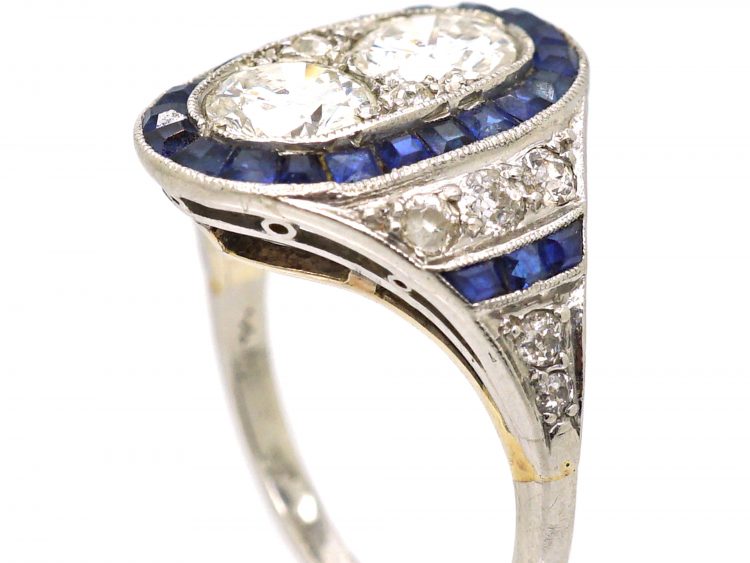 Art Deco Platinum & 18ct White Gold, Sapphire & Diamond Oval Cluster Ring