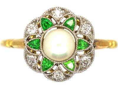 Edwardian 18ct Gold & Platinum, Green Garnet, Diamond & Natural Pearl Flower Cluster Ring