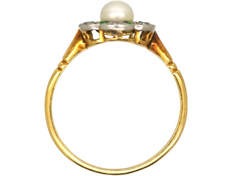 Edwardian 18ct Gold & Platinum, Green Garnet, Diamond & Natural Pearl Flower Cluster Ring