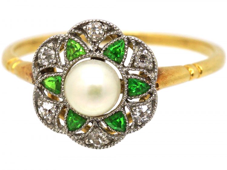 Edwardian 18ct Gold & Platinum, Green Garnet, Diamond & Natural Pearl Flower Cluster Ring