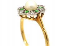Edwardian 18ct Gold & Platinum, Green Garnet, Diamond & Natural Pearl Flower Cluster Ring