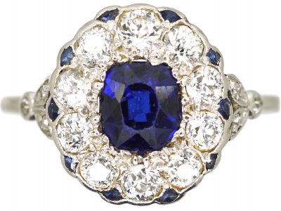 Early 20th Century Platinum, Sapphire & Diamond Oval Cluster Ring with Tiny Sapphire Points