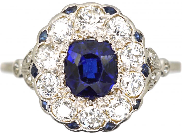 Early 20th Century Platinum, Sapphire & Diamond Oval Cluster Ring with Tiny Sapphire Points