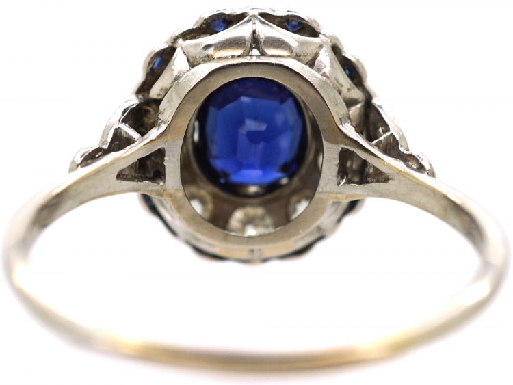 Early 20th Century Platinum, Sapphire & Diamond Oval Cluster Ring with Tiny Sapphire Points