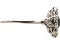 Early 20th Century Platinum, Sapphire & Diamond Oval Cluster Ring with Tiny Sapphire Points