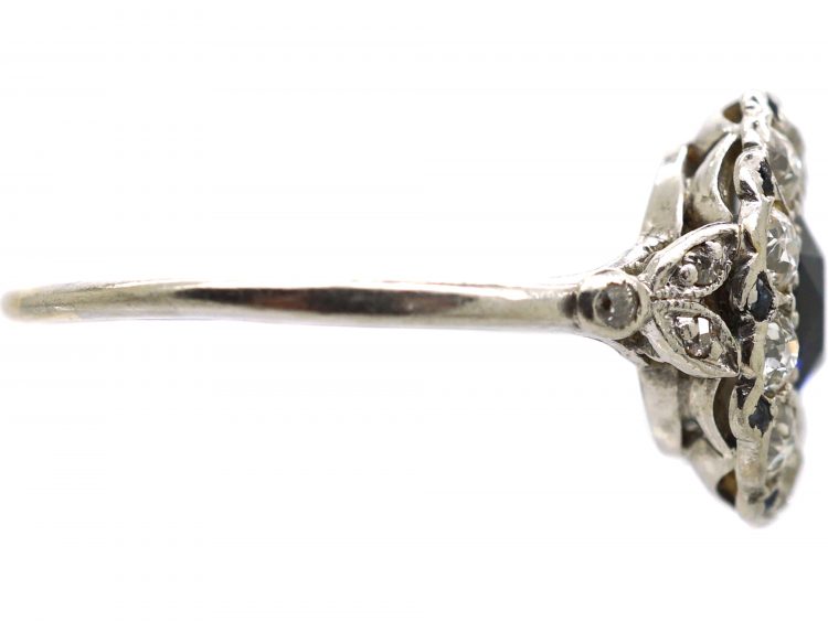 Early 20th Century Platinum, Sapphire & Diamond Oval Cluster Ring with Tiny Sapphire Points