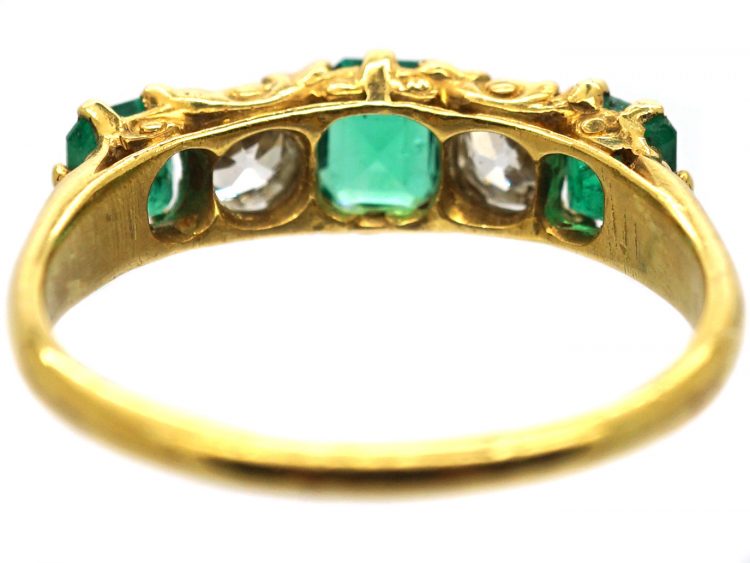 Victorian 18ct Gold, Five Stone Emerald & Diamond Carved Half Hoop Ring
