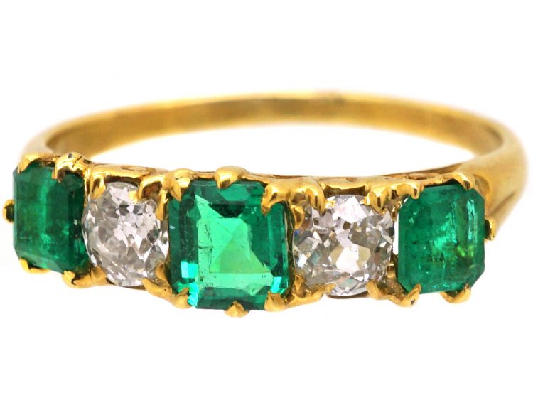 Victorian 18ct Gold, Five Stone Emerald & Diamond Carved Half Hoop Ring