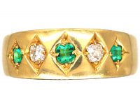 Victorian 18ct Gold, Emerald & Diamond Five Stone Gypsy Ring
