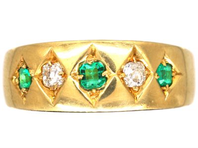 Victorian 18ct Gold, Emerald & Diamond Five Stone Gypsy Ring