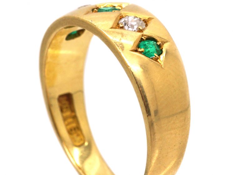 Victorian 18ct Gold, Emerald & Diamond Five Stone Gypsy Ring