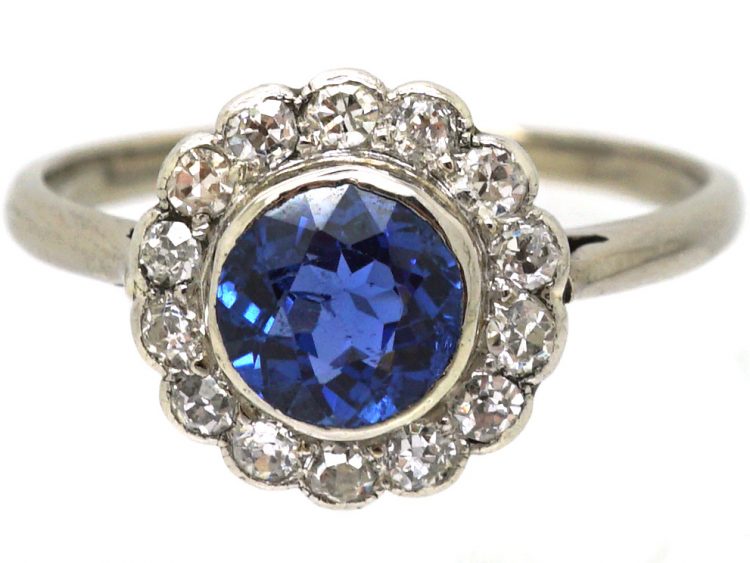 Edwardian Platinum, Sapphire & Diamond Cluster Ring