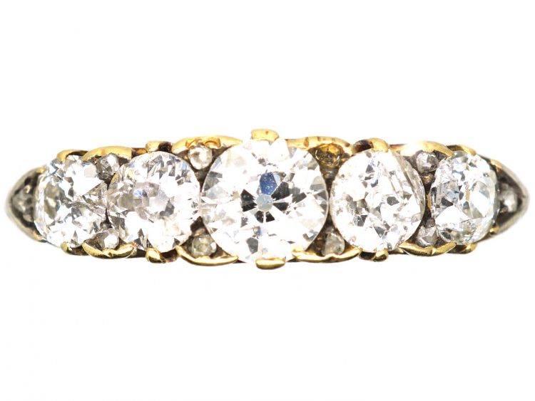 Victorian 18ct Gold Five Stone Diamond Carved Half Hoop Ring