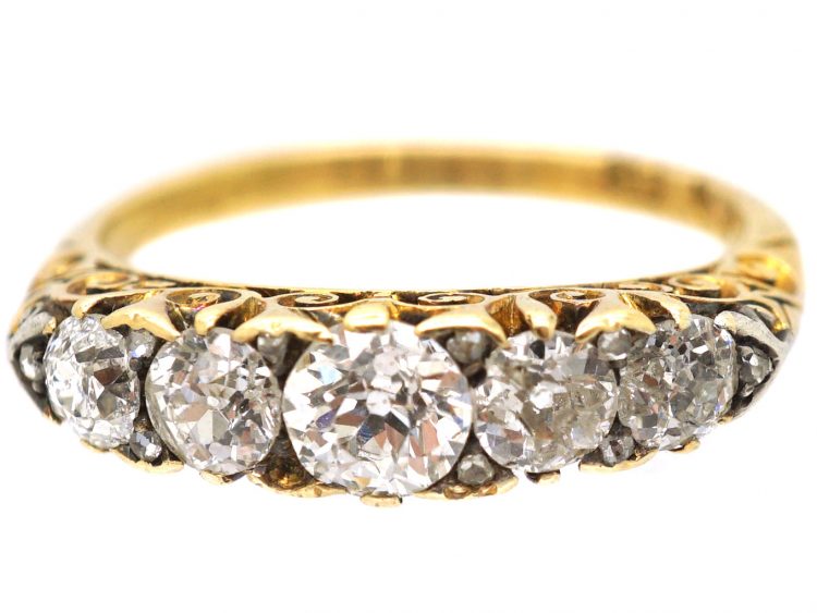 Victorian 18ct Gold Five Stone Diamond Carved Half Hoop Ring
