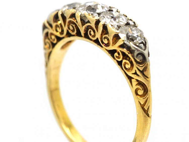 Victorian 18ct Gold Five Stone Diamond Carved Half Hoop Ring