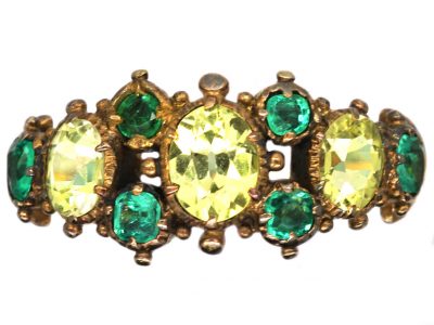 Georgian 15ct Gold, Chrysoberyl & Emerald Ring with Leaf Motif Shoulders