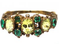 Georgian 15ct Gold, Chrysoberyl & Emerald Ring with Leaf Motif Shoulders