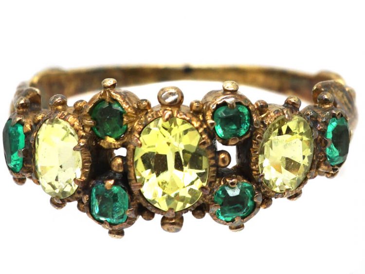 Georgian 15ct Gold, Chrysoberyl & Emerald Ring with Leaf Motif Shoulders